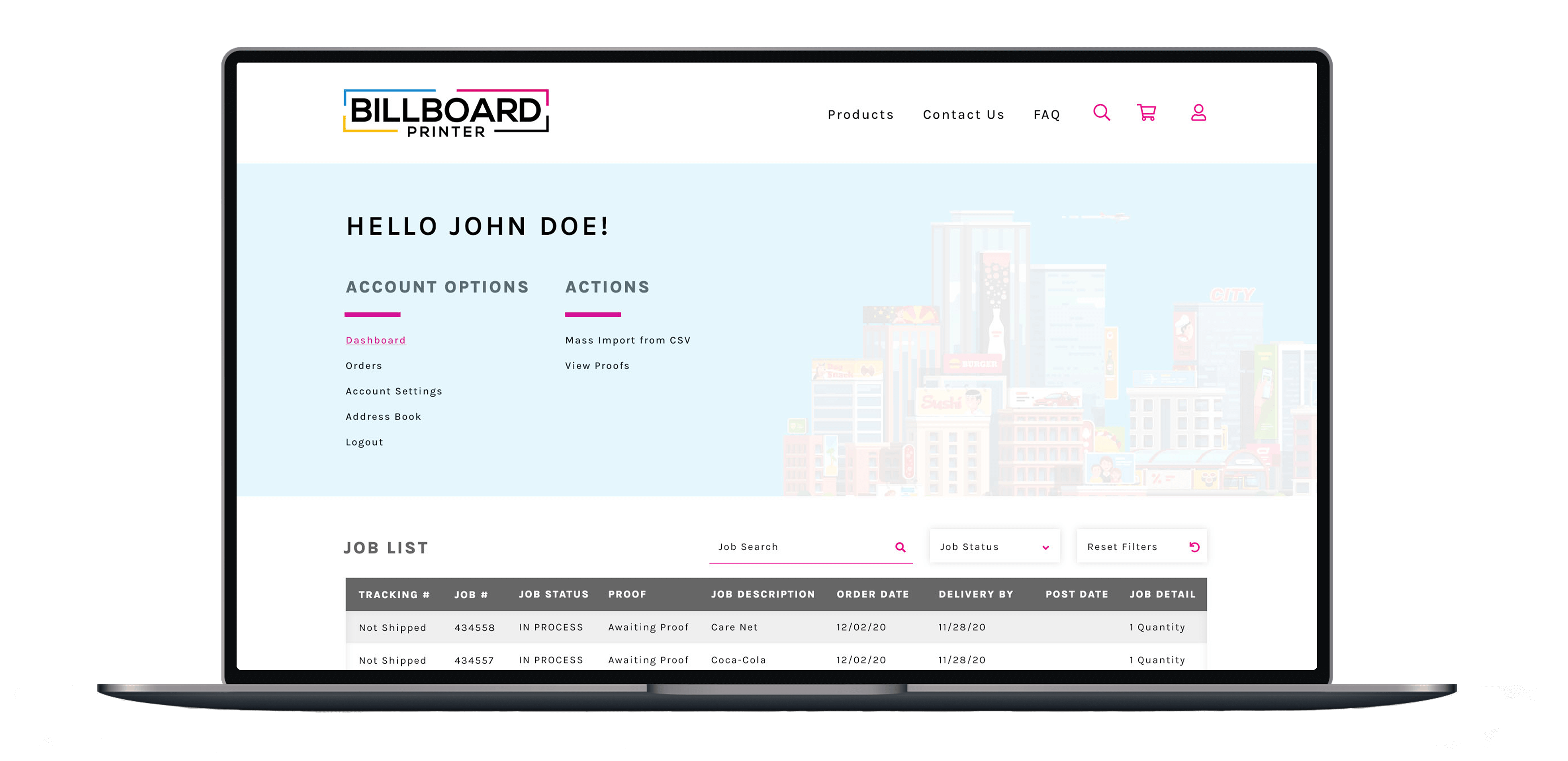 mockup of a MacBook depicting the account page of the Billboard Printer website