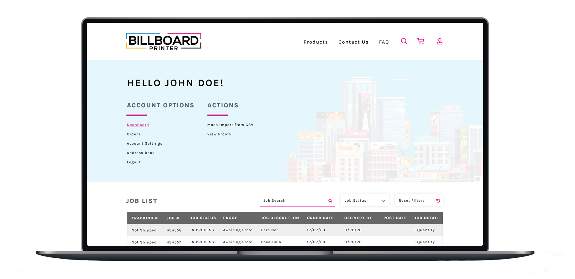 mockup of a MacBook depicting the account page of the Billboard Printer website