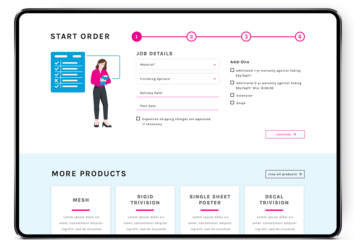 mockup of a tablet depicting a stepped order form on the Billboard Printer Website