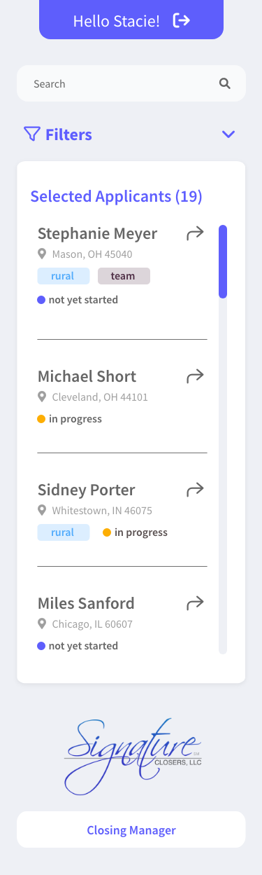 prototype of what the Signature Closers dashboard looks like on a mobile device