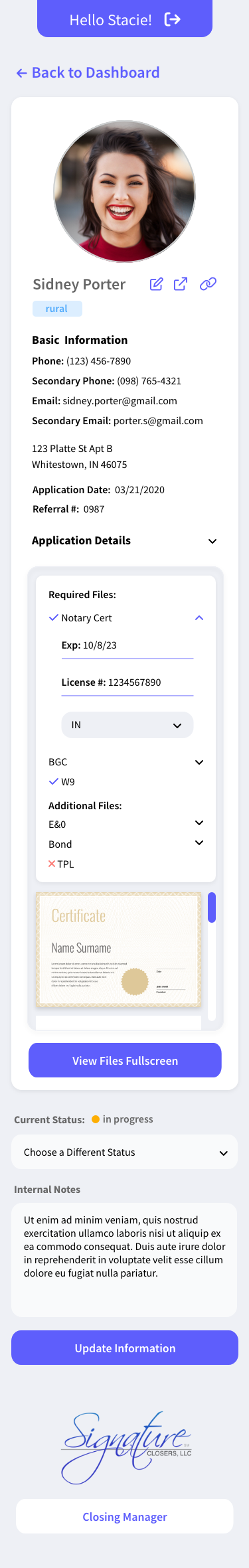 prototype of what the Signature Closers applicant page looks like on a mobile device