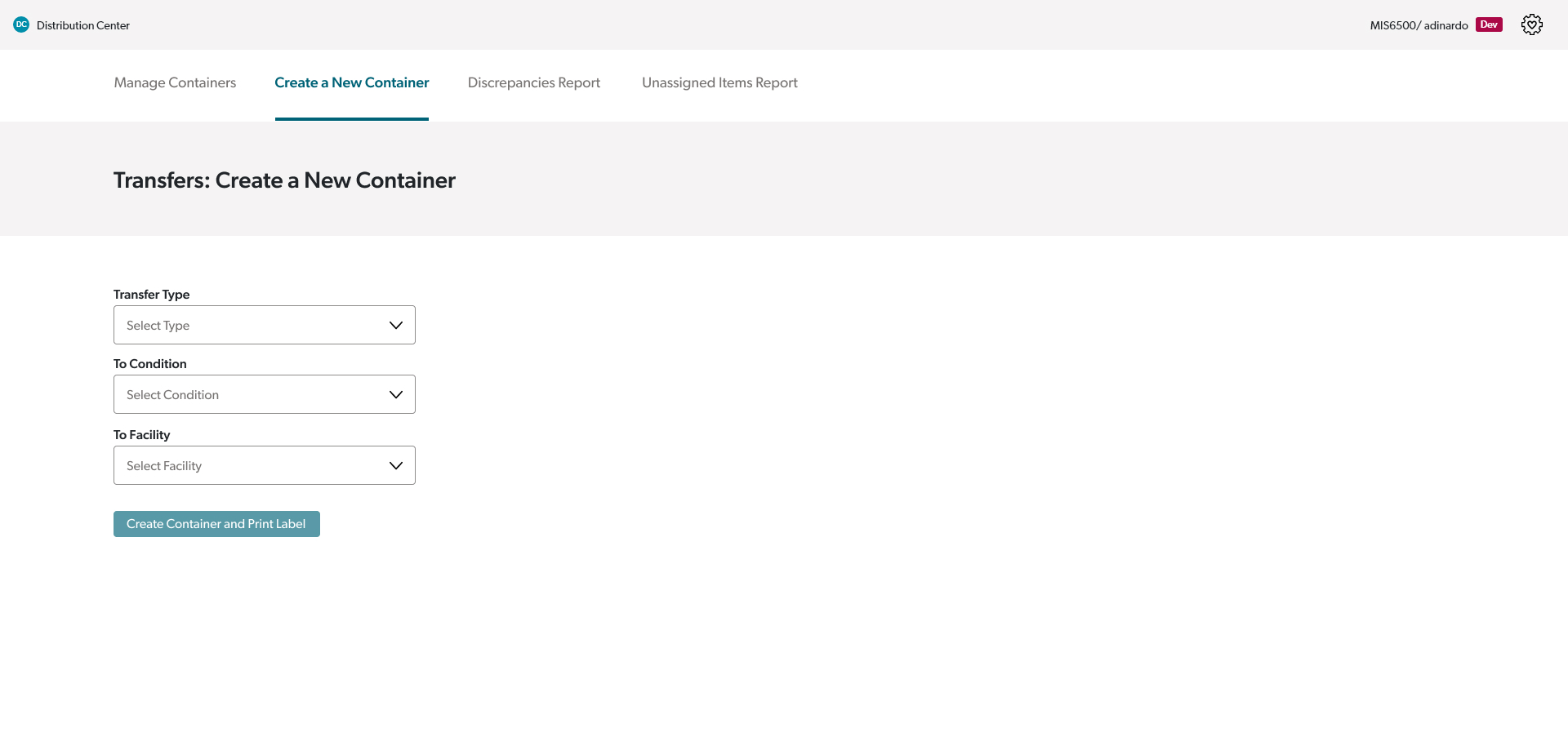 prototype of the Transfers web app create a new container page